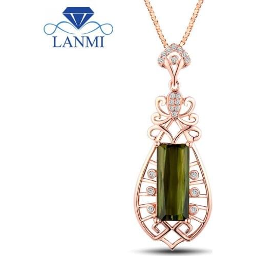 LANMI New Style 18K Rose Gold Pendant Rectangular Cut Natural Diamond Green Tourmaline Vintage Pendant Necklace For Women Gifts