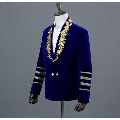 Mens Velvet Military Blazer Suit Floral Embroidery Collar Casual Club Slim Fit Jacket Double Breasted Outwear Blazer Hombre