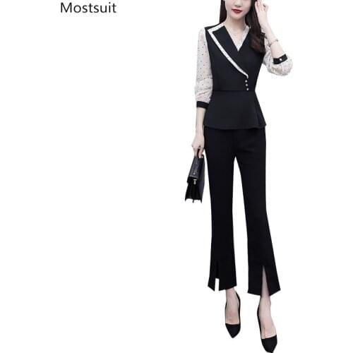 Autumn Elegant Two Piece Set Women Plus Size Fashion Tunic Polka Long Sleeve Tops And Elastic Waist Split Pant Suit Korean 2021