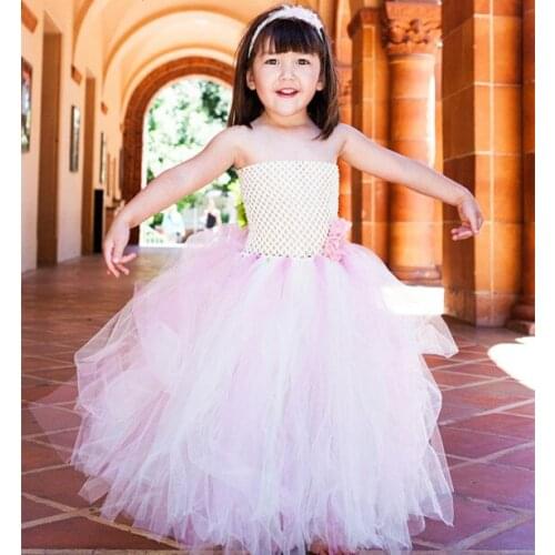 Lovely Girls Wedding Dress Kids Crochet Tulle Tutus Long Ball Gown with Flowers Children Party Tutu Dress Kids Corset Dresses