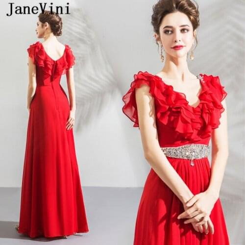 JaneVini Vestidos A Line Mother of Bride Dress V Neck Tiered Ruffles Sequined Crystal Red Chiffon Evening Party Gowns for Women