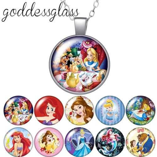 Princesses Alice Little mermaid Belle Gift Cinderella Girls Gift Glass glass cabochon silver plated/Crystal necklace jewelry
