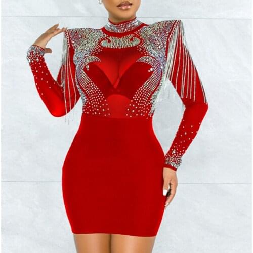 Sexy vintage y2k Black see through Rhinestone mini summer dress women club party bodycon dress long sleeve evening prom dresses