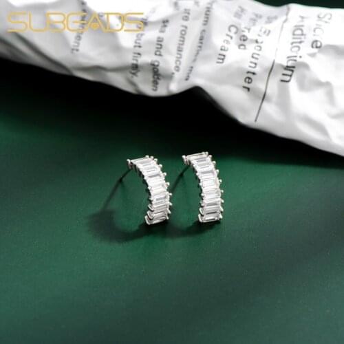 Subeads Real 925 Sterling Silver Full Crystal C-shape Stud Earrings For Women Girls Geometric Earrings Jewelry Gifts