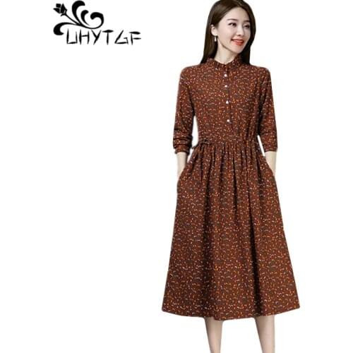 UHYTGF Spring dress women fashion printing Beach long dresses Cotton linen long sleeve elegant dress Korean plus size dresses 77