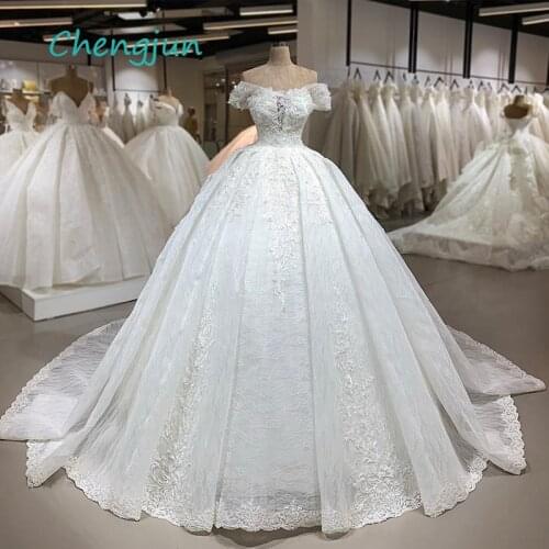 Chengjun Boat Neck Off Shoulder Short Sleeve Beaded Vintage Lace Wedding Dress