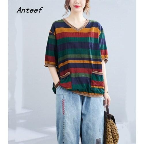 Short sleeve cotton vintage stripe summer casual loose tee t shirt women t-shirt ladies tshirt 2021 tops streetwear clothing