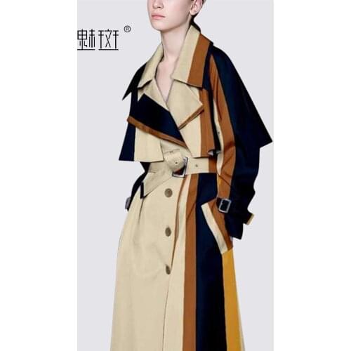 Glamorous spot style contrast color splicing windbreaker 2021 autumn new waist closing slim British large lapel coat