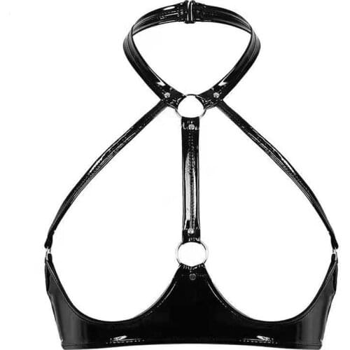 Women Sexy Glossy Open Cup Leather Bra Hollow Out Shaping Camisole Porn Breast Exposing Latex Shiny Leather Crop Tank Tops Sexi