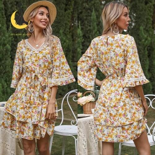 2021 Autumn New Sleeve Floral Stitching Lace Ruffled Bottoming Dress Flounces Lace Sleeve Flounced edge Dresses for Women
