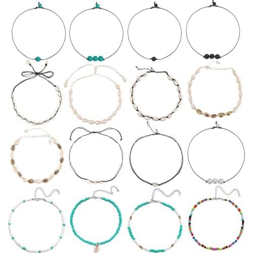 16 PCS/Sets Alloy Shell Adjustable Beads Necklace Vintage Bride Wedding Long Chain Choker Necklace Women