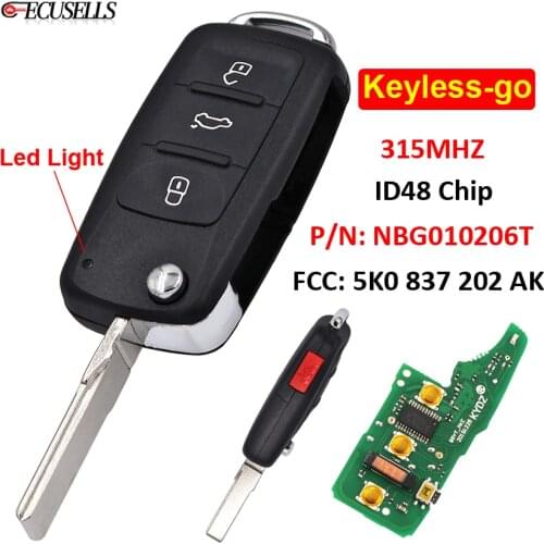 3+1/4B Remote Car Key Keyless-go 315MHz ID48 Chip P/N: NBG010206T 5K0 837 202 AK for Volkswagen 2011-2017 (Models with Prox)