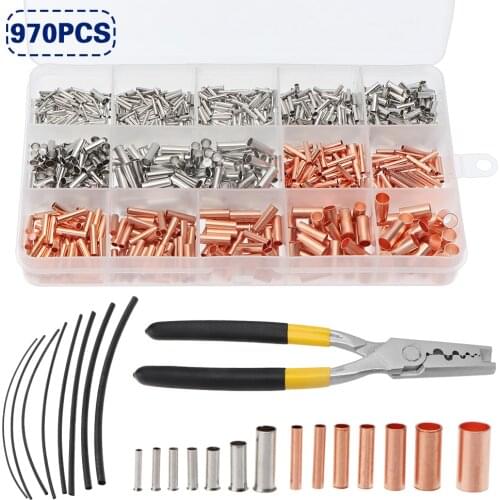 970pcs/set Copper Pipe Connection Joint Wire Small Copper Pipe Cable Crimp Terminal Lug Bushings Kit with Heat Shrink Tube Plier