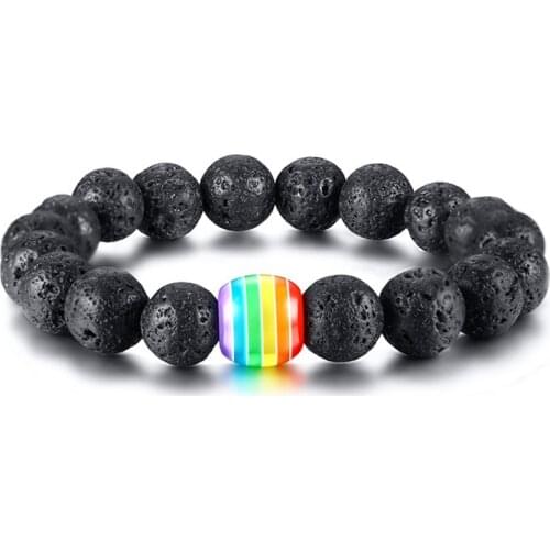 Black Lava Stone Beaded Bracelet Gay Rainbow LGBT Pride Friendship Jewelry Dropshipping