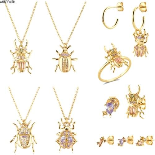 ANDYWEN 925 Sterling Silver Gold CZ Beetle Animal Zircon Piercing Earring Drop Courage Rings Long Chain Necklace Jewelry Set