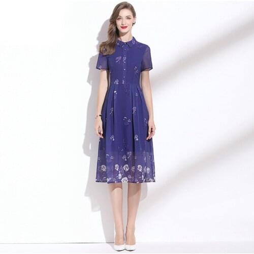 Summer Womens Dress M-XXL 2021 New Small Turn Down Collar With Diamonds Short Sleeved Slim A-Line Printed Chiffon Dress Midi
