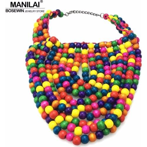 MANILAI Bohemia Wood Beaded Choker Necklaces Women Fashion Handmade Multilayer Beads Exaggerated Necklace Beach Jewelry 9 Color
