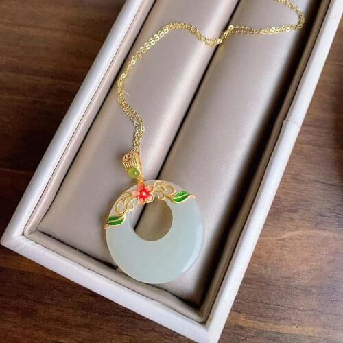 Peace Buckle Necklace Womens Antique Sterling Silver Gilding Enamel HANAFUJI White Jade Pendant Womens to Give Mom Gift Jewelr