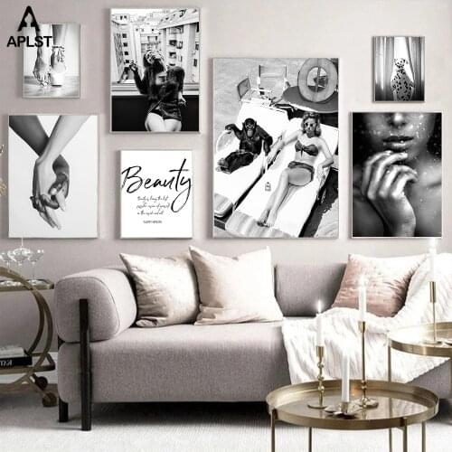 Fashion Wall Art Black & White Holding Hands Poster Bikini Woman Sexy Female Print Canvas Painting Beauty Quote Picture Decor