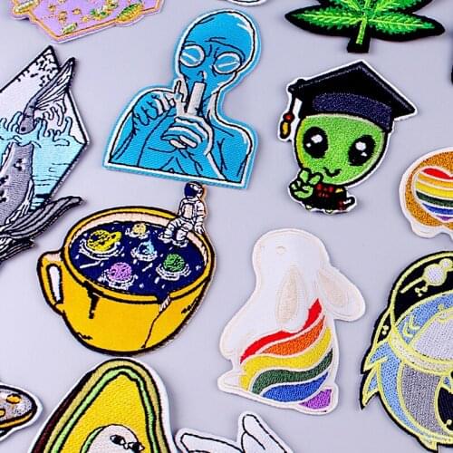 Rabbit/Alien Patch Iron On Patches On Clothes Stripe Sewing Animal Patches Rainbow Embroidered Patch For Clothing Sticker Jacket