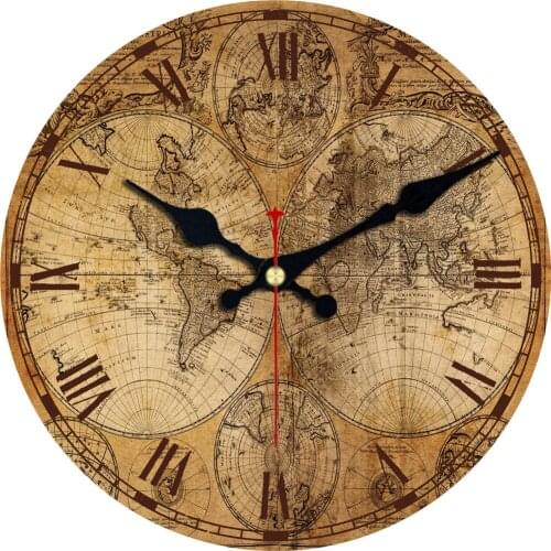 World Map Wall Clock,6-16 Inch Wooden Cardboard Wall Clock,Vintage Round Roman Numerals Indoor ClocksFor Kitchen Office