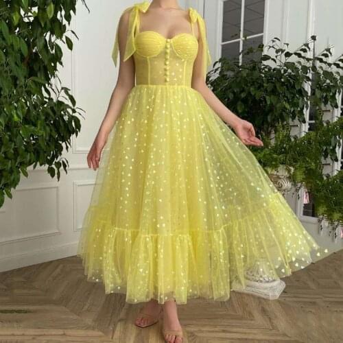 Thinyfull Yellow Cheap Prom Dresses Tie Bow Straps Stary Tulle Tea Length Wedding Party Gowns Sweetheart 2021 Graduation Dress