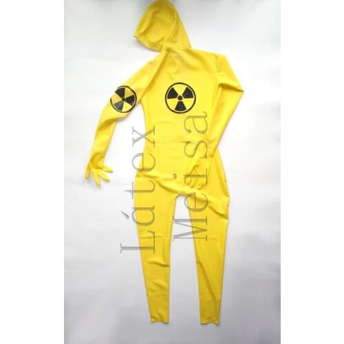 New arrival womens Fetish latex catsuit with cap decorations and attached finger gloves in yellow color
