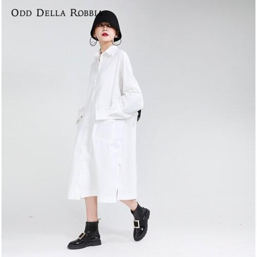 OddDellaRobbia 2021 Autumn New Japanese Women Casual Loose Bat Sleeve Long Shirt Skirt Contrast Color Drawstring Dress 1542