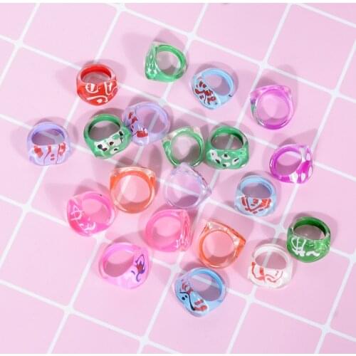 Wholesale 10Pcs/Lot Mix Round Resin Paint Plastic Cartoon Girls Boys Babys Colorful Children Kids Rings Wholesale Jewelry Gifts