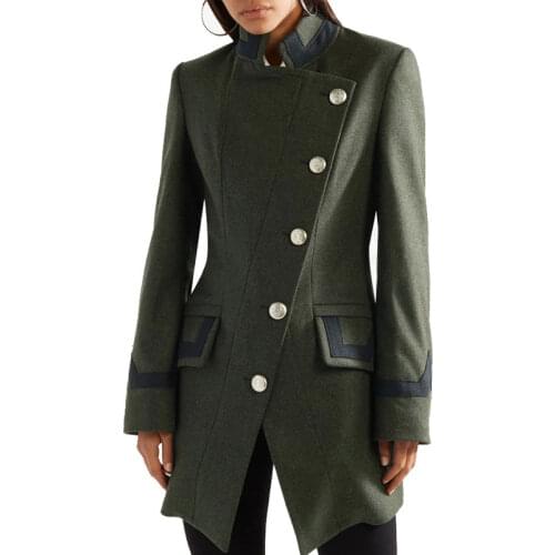 2020 Autumn and Winter Casual Army Green Wool Jacket Women Slim Single Breasted Handsome Coat Woman Slanted Buttons