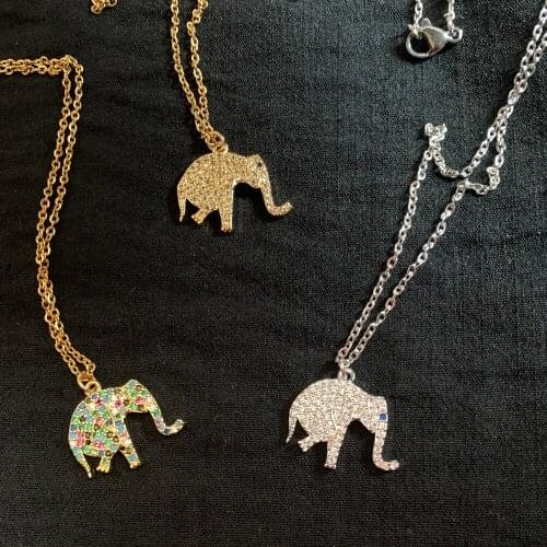Cute Gold Color Luck Elephant Pendant Charm Necklaces Shinning Micro Pave Zircon Stainless Steel Chain Necklaces Jewelry