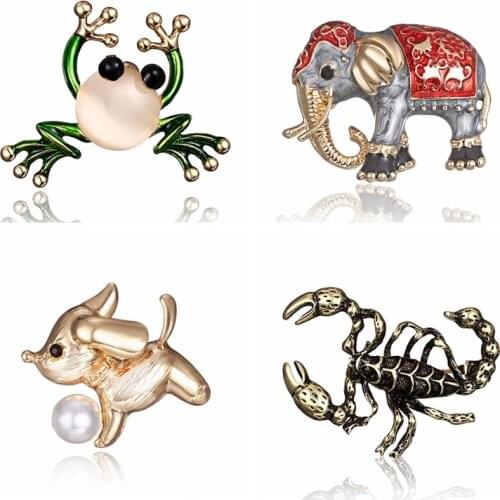 Rinhoo Natural animals Brooch pins elephant Scorpion dog frog Brooches For women Crystal Brooch jewelry accessories