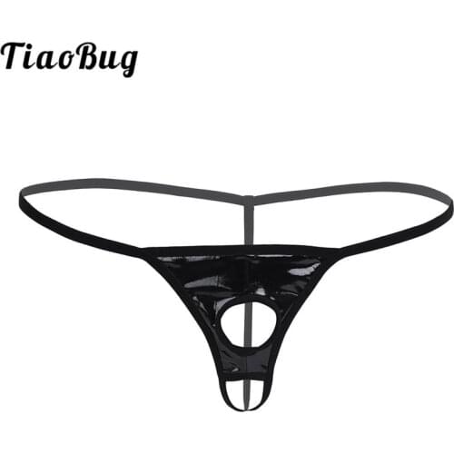 TiaoBug Sexy Men Lingerie Patent Leather Penis Holes Bikini G-string Underwear Underpants Jockstrap Tanga Gay Thong Panties
