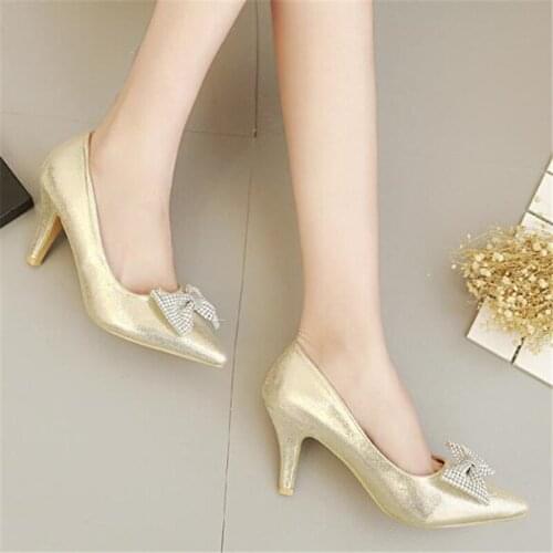 Women Thin High Heels Stiletto Pumps Bridal Wedding Shoes Sequined Cloth Slip On 8CM Pointed Toe Dress Butterfly-knot Bling