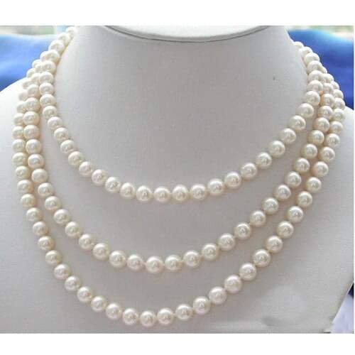 Unique Pearls jewellery Store 50'' 7mm White Round Freshwater Pearl Necklace Wedding Birthday Women Pearl Jewelry
