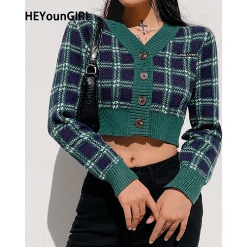 HEYounGIRL V Neck Plaid Vintage Knitted Crop Top Cardigan Casual Autumn Long Sleeve Sweater Women Knitwear Checkered Streetwear