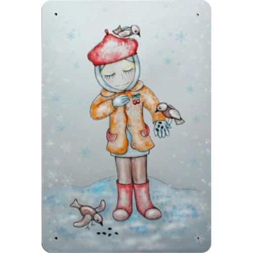 Viohik Vintage Tin Sign Country Home Decor Cartoon Girl Feeding Birds in Winter Snow Wall Hanging Painting 30x20cm