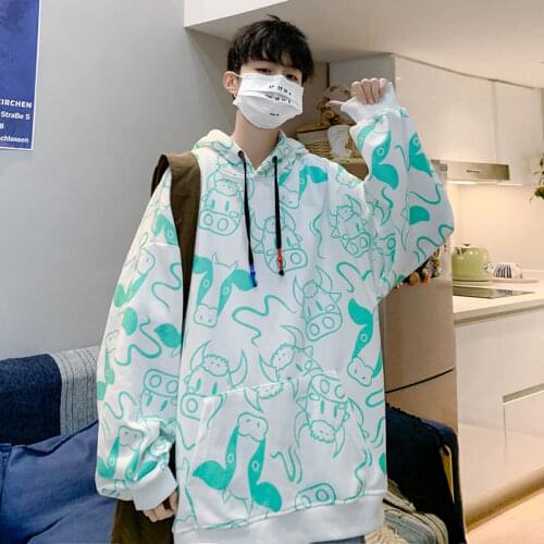 YASUGUOJI New 2021 Korean Fashion Cartoon Printed Hoodies Tops Oversized Font Print Hoodie Men Couples Hip Hop Style Sweatshirt