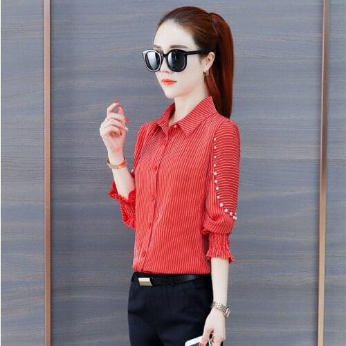 Women Blouse Fashion Beading Striped Slim Long Sleeved 4 Colors Shirt Woman Office Shirts Elegant Blusas Lady Blouse Tops DD2339
