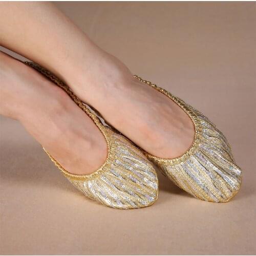 Adult Soft Gold Sequin Oriental Belly Ballet Dance Shoes for Women Ballerina Gymnastics Foldable Practice Dancing Flats Wear