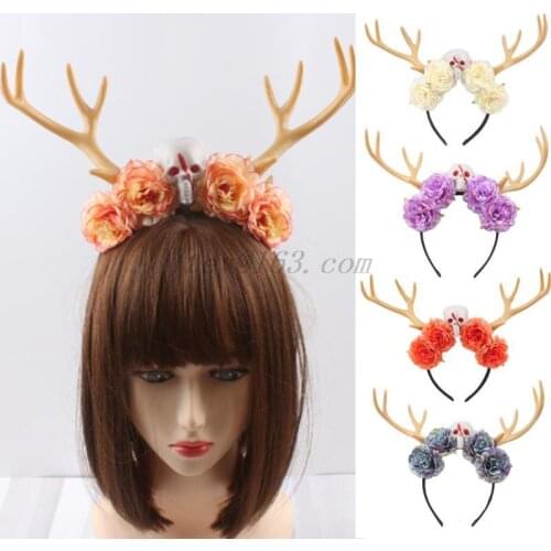 Women Antler Headdress Deer Horn Flower Skull Headband for Halloween Party Christmas Creative Gothic Hair Accessories