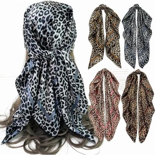 Womens Silk Scarf 90cm Satin Square Scarf Leopard Print Scarf Muslim Headscarf