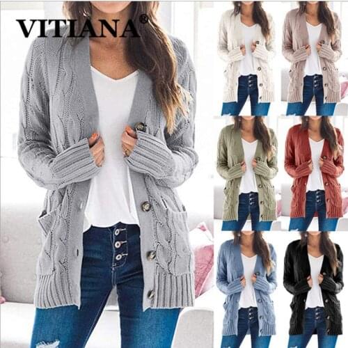 VITIANA Knit Sweater Women Autumn 2020 Female Casual Long Sleeve Button Cardigan Knitted Sweaters Coat Femme Long Cardigans