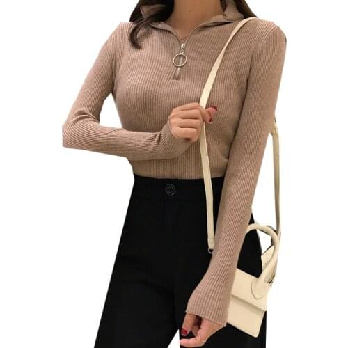2021 Knitted Women Zipper High Neck Sweater Pullovers Turtleneck Autumn Winter Basic Women Sweaters Slim Fit Black Pull Femme