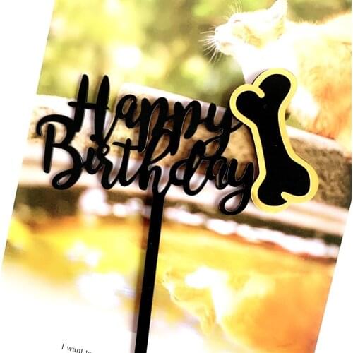 Pet Dog Happy Birthday Acrylic Cake Topper Black Bone Cake Baking Decorations for Dog Birthday Party Cake Supplies Dog Shower