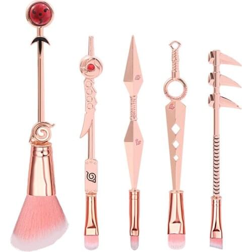 Free Shipping 5pcs/set Makeup Brushes Rose Gold Silver Color Anime Leaf Village Logo Konoha Cosplay Accessories