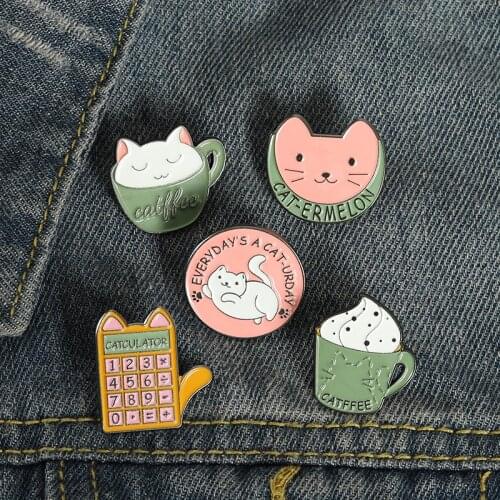 Cup Cat Coffee Ice Cream Enamel Pins Custom Cute Animals Brooch Lapel Badge Bag Cartoon Jewelry Gift for Kid Friend Wholesale