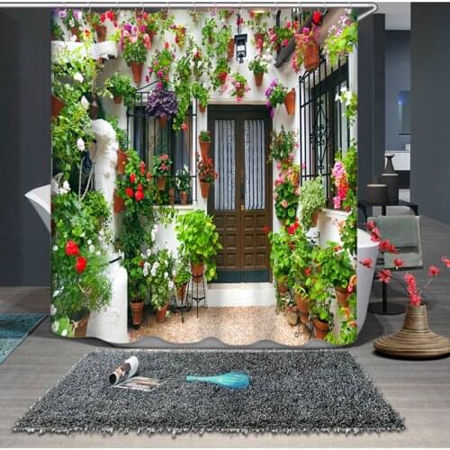 European Architectural Landscape Shower Curtains Street Flower Plant Scenery Pattern Bath Waterproof Fabric Bathroom Curtains