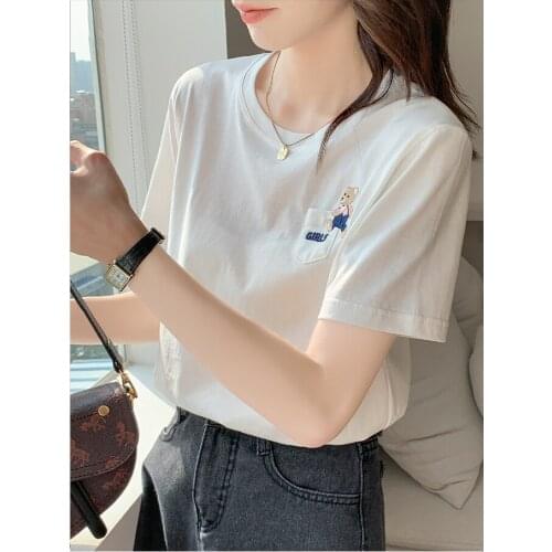 Real Price Cotton T Shirt Female Short Sleeve Summer 2021 New Loose Fashion Western Bear Bottom Coat