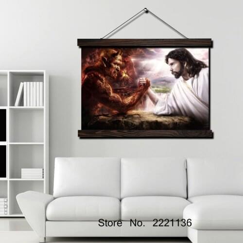Jesus fighting with devil HD Print Scroll Paintings Wall Art Printed Hanging Framed Canvas Painting Modern Home Decoration